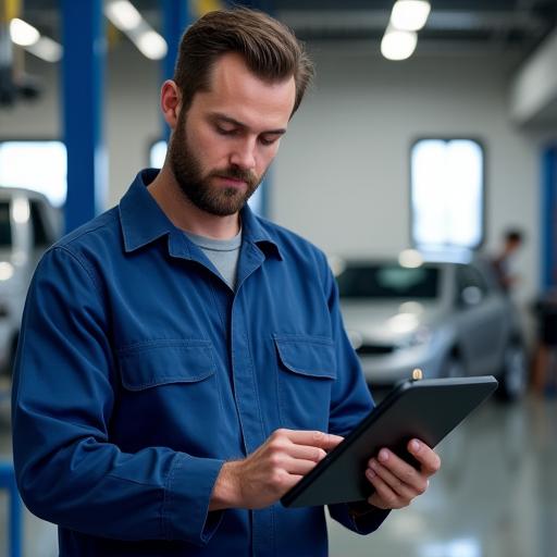 Experienced auto technician using a diagnostic tablet in a modern workshop.