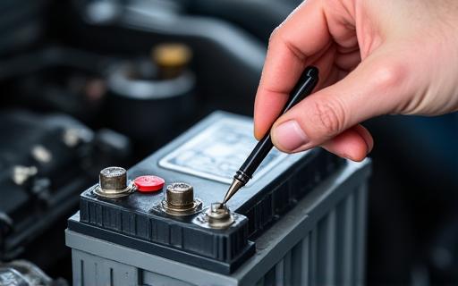 Technician checking the terminals of a car battery.